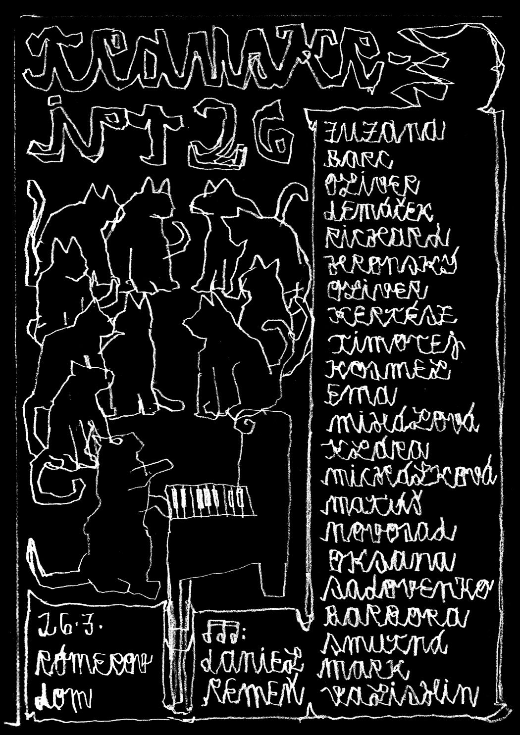 Plagát Transkript 26 – čiernobiela kresba mačiek okolo klavíra s ručne písaným zoznamom účinkujúcich.