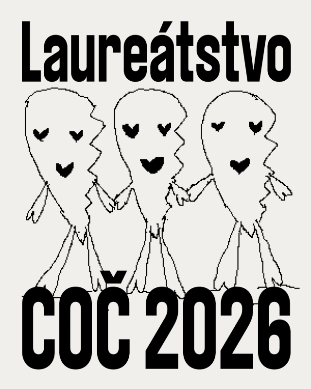 Grafický vizuál s nápisom „Laureátstvo COČ 2026“. Pod textom sú tri jednoduché kreslené postavy srdcového tvaru, ktoré stoja vedľa seba a držia sa, s minimalistickými črtami tváre. Čiernobiely dizajn pôsobí hravo a schematicky.