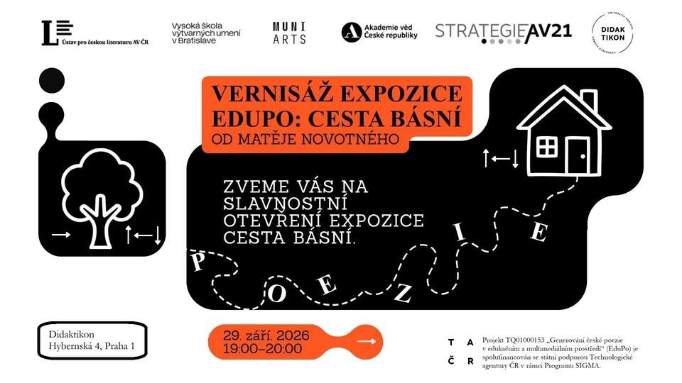 Plagát k vernisáži expozície EduPo: Cesta básní od Matěja Novotného, Didaktikon, Praha, 29. septembra 2026.