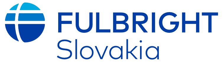 Modré logo programu Fulbright Slovakia tvorené štylizovaným glóbusom a názvom „FULBRIGHT Slovakia“ na bielom pozadí.