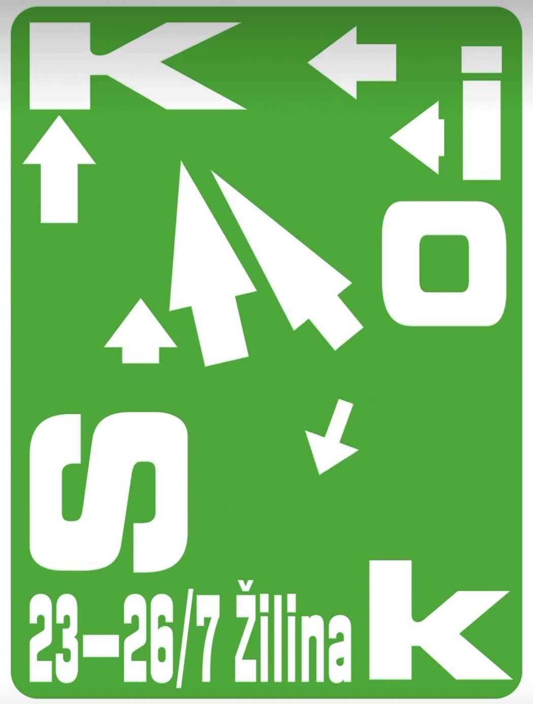 Zelený plagát festivalu Kiosk s výraznou bielou typografiou, šípkami a grafickými tvarmi. V spodnej časti je uvedený termín 23.–26. 7. a miesto Žilina.