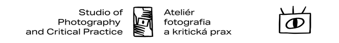Logo of the Studio of Photography and Critical Practice. It includes the studio name in English and Slovak: “Studio of Photography and Critical Practice” and “Ateliér fotografia a kritická prax”. Simple black-and-white hand-drawn symbols appear between the texts and on the right.