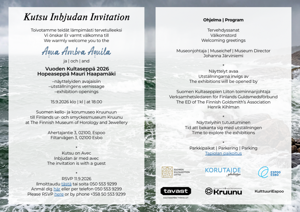 Invitation to the opening of Aqua Ambra Aquila 2026 at Museo Kruunu in Espoo.