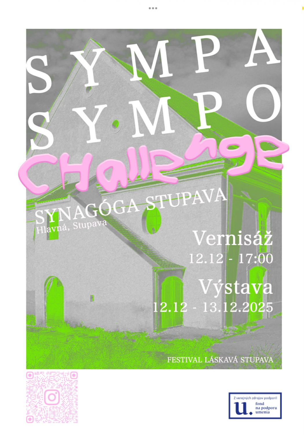 Plagát s výrazne graficky upravenou fotografiou historickej synagógy, zobrazenou v sivej farebnosti s kontrastnými neónovo zelenými akcentmi na streche, oknách a dverách. Cez architektúru je vrstvená typografia a ručne pôsobiaci farebný nápis, ktorý vytvára dynamický, súčasný vizuálny dojem a odkazuje na umelecké podujatie spojené s výstavou a vernisážou.