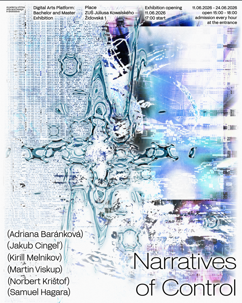 Plagát k výstave Narratives of Control s abstraktnou digitálnou grafikou v modro-bielych tónoch a informáciami o mieste, dátume a vystavujúcich.