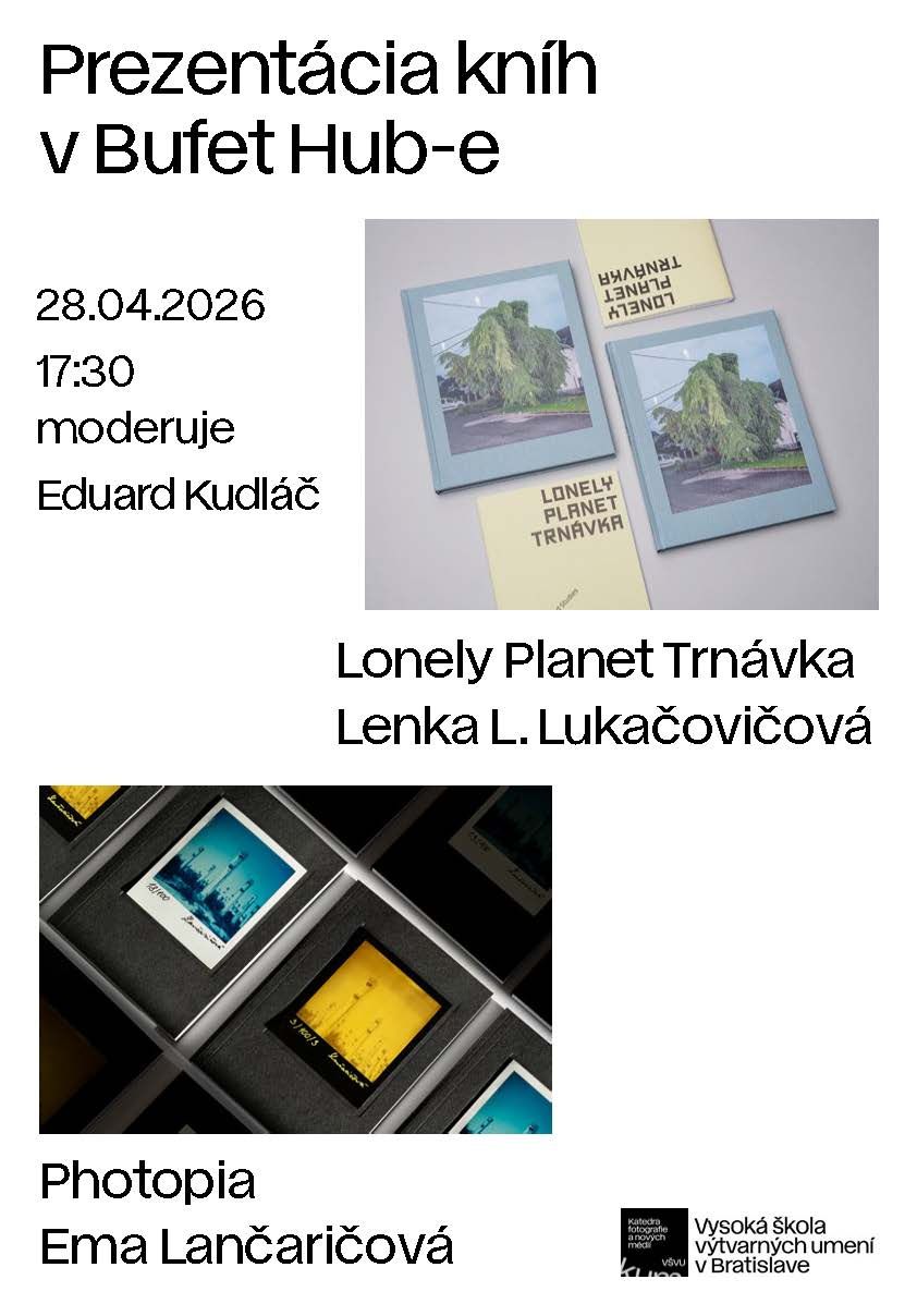 Plagát prezentácie kníh v Bufet Hub-e – Lonely Planet Trnávka a Photopia, s fotografiami publikácií a informáciami o podujatí.