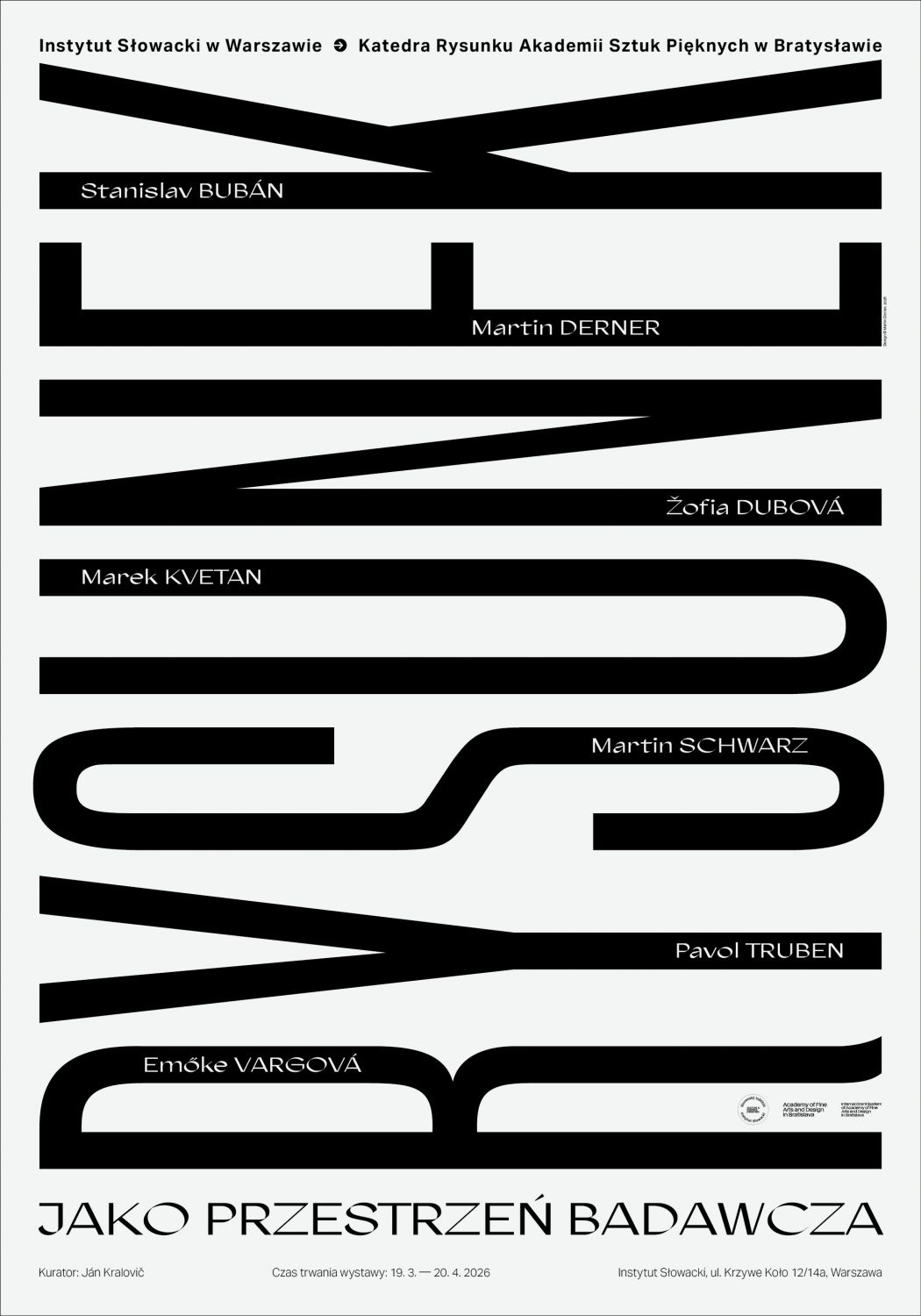 Plagát výstavy „Jako przestrzeń badawcza“ – minimalistický čierno-biely dizajn s abstraktnými líniami a menami autorov.