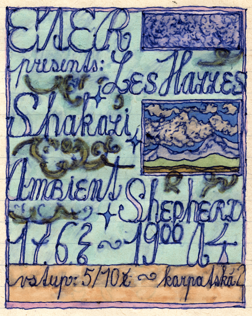 Ručne kreslený plagát na svetlom papieri s modrým ornamentálnym písmom a dekoratívnymi prvkami. Text oznamuje podujatie Éter presents: Les Halles, Shakali, Ambiens a Shepherd, ktoré sa koná 17. 6. 2026 o 19:00. Vpravo hore a v strede sú malé kreslené obdĺžnikové obrazové polia, jedno s abstraktným ornamentom a druhé s krajinou s horami a oblakmi. V spodnej časti je uvedené vstupné 5/10 € a miesto A4.