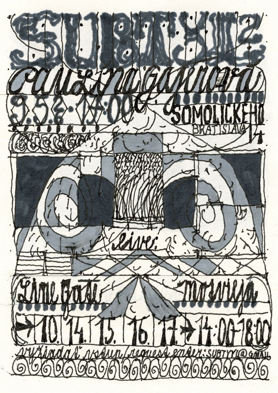 Ručne kreslený plagát v čierno-modrej farebnosti s vrstvenou typografiou a ornamentálnymi prvkami. Dominujú nápisy „SUBTYL“ a „cultivagarden“, doplnené dátumom 9. 5. 2026 a adresou Somolického 14, Bratislava. Kompozícia obsahuje dekoratívne špirály, mriežku, abstraktné tvary a dve veľké kruhové formy pripomínajúce oči alebo čísla. V spodnej časti sú uvedené mená Paulína Gajerová a Martin Derner a čas konania 14:00 – 18:00. Plagát pôsobí spontánne, expresívne a pripomína skicár alebo experimentálnu kresbu.