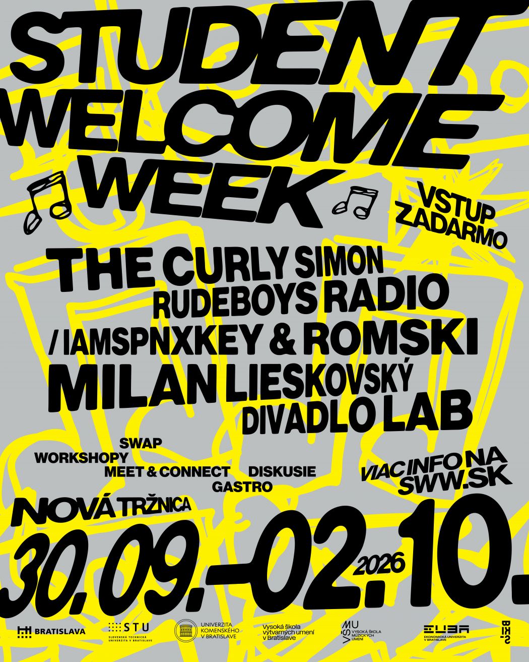 Student Welcome Week 2026, Nová Tržnica, Bratislava, 30. septembra – 2. októbra 2026. Plagát s programom.