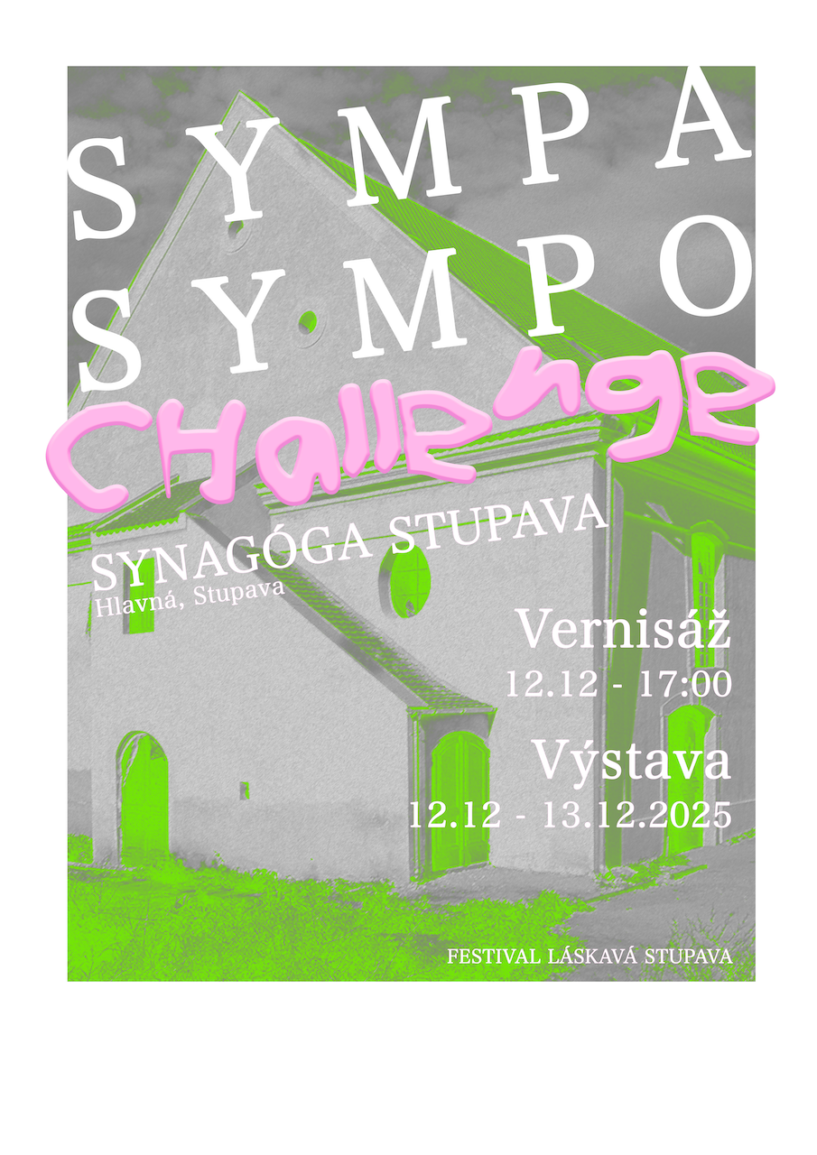 Plagát s výrazne graficky upravenou fotografiou historickej synagógy, zobrazenou v sivej farebnosti s kontrastnými neónovo zelenými akcentmi na streche, oknách a dverách. Cez architektúru je vrstvená typografia a ručne pôsobiaci farebný nápis, ktorý vytvára dynamický, súčasný vizuálny dojem a odkazuje na umelecké podujatie spojené s výstavou a vernisážou.