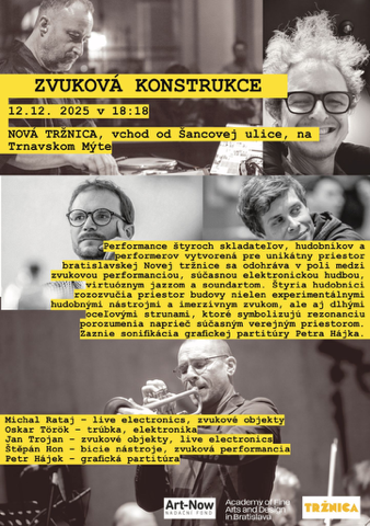 A poster for the event “Zvuková konštrukce” features four black-and-white portraits of the participating musicians arranged in a grid. At the top, yellow text blocks display the event title, date, time, and venue. Below them is a larger yellow block with a description of the performance created by four composers and musicians for the space of the New Market Hall in Bratislava. The bottom section lists the performers and their instruments, followed by logos of the organizers.