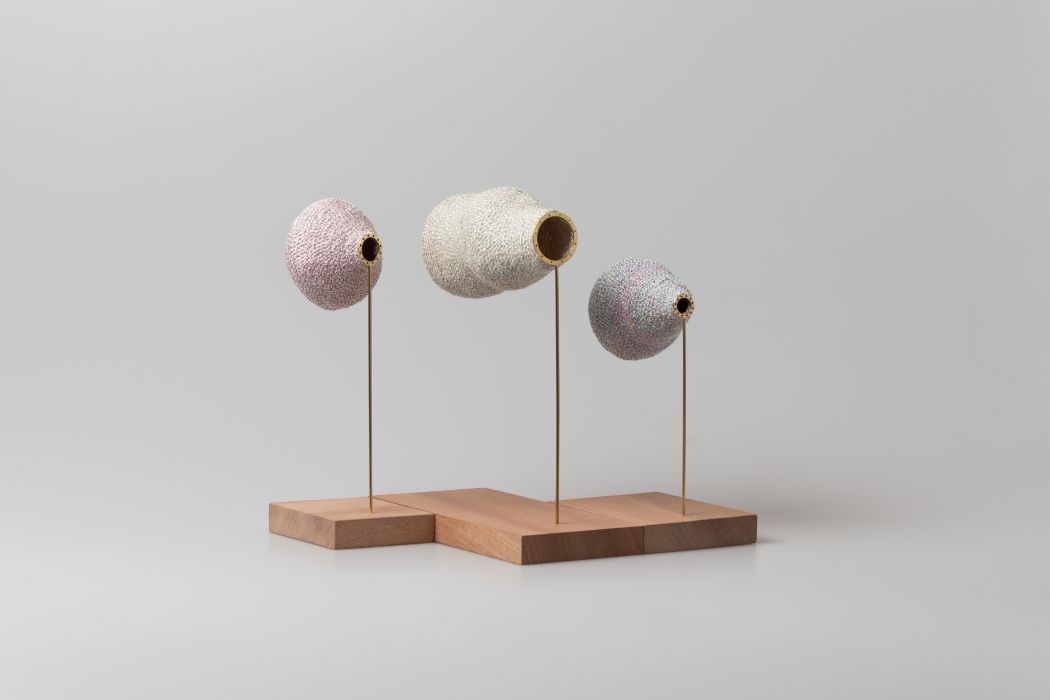 Bubble blower, 190x210x90 mm textile objects, stitching technique, metal fibers, brass metal.