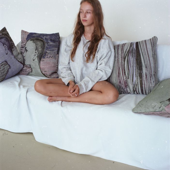 Talk to me, collection of woven pillows, 46x46 cm, hand-woven on digital jacquard looms, cotton and synthetic threads