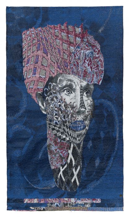 Blue Louise, 158x104 cm, hand-woven on digital looms, cotton, polyester threads, detail